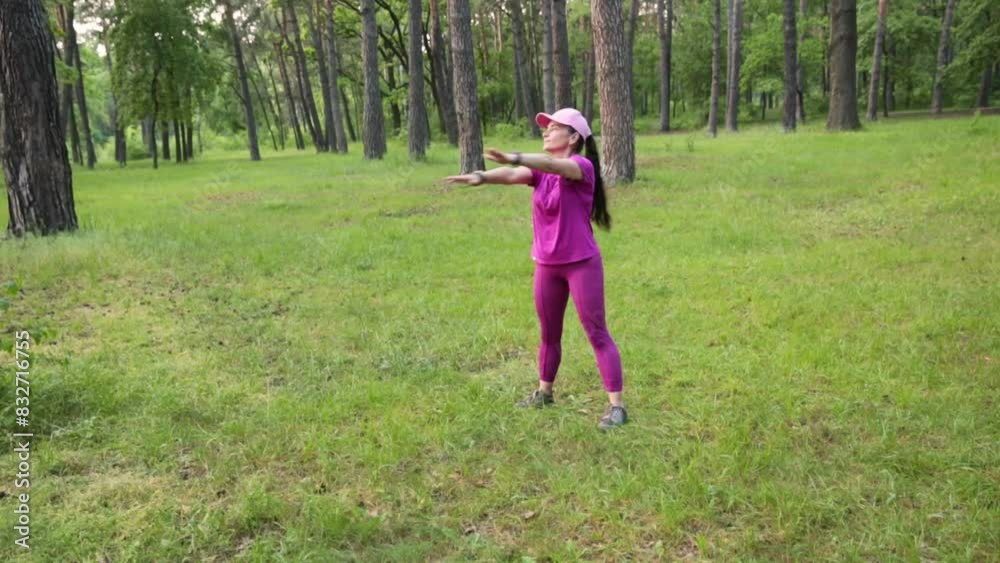 Mature woman in pink sports attire exercising on a sunny park field, demonstrating fitness and wellness. High quality FullHD footage Mature woman in pink sports attire exercising on a sunny park field, demonstrating fitness and wellness. High quality FullHD footage