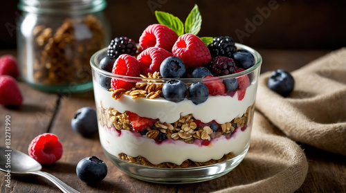 The classic American Yogurt Parfait. Highlight the creamy layers of yogurt, interspersed with vibrant fresh fruits.