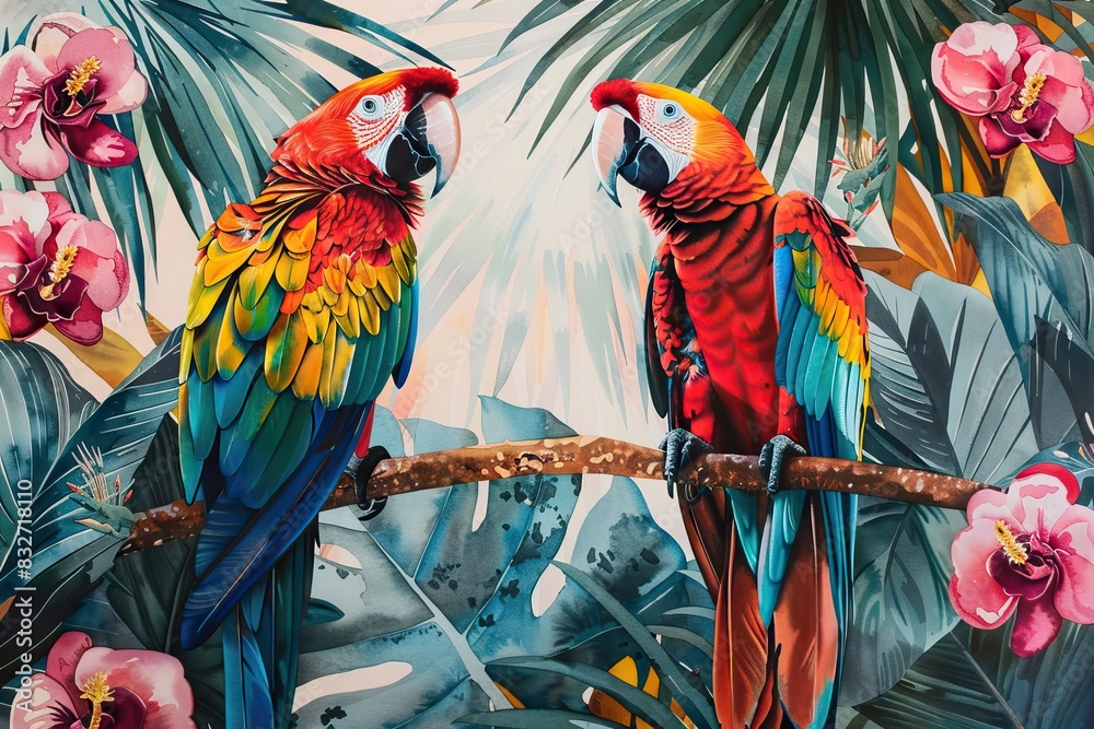 acrylic painting, on paper colorful of Macaw bird couple bird on a branch. AI generated illustration