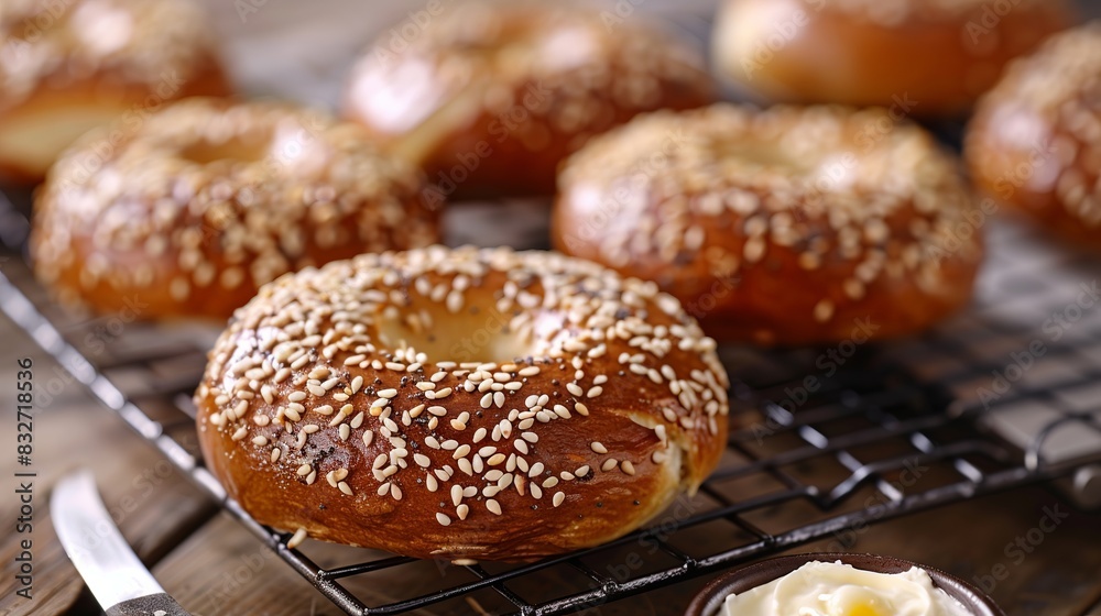 Golden brown bagels fresh from the oven, adorned with sesame seeds and cooling on a wire rack. A knife and a creamy spread of cream cheese await alongside for a delightful treat. Golden brown bagels fresh from the oven, adorned with sesame seeds and cooling on a wire rack. A knife and a creamy spread of cream cheese await alongside for a delightful treat.