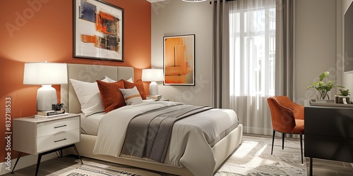 Elegant guest bedroom design in an apartment with a queensize bed, stylish bedding, and a writing desk photo