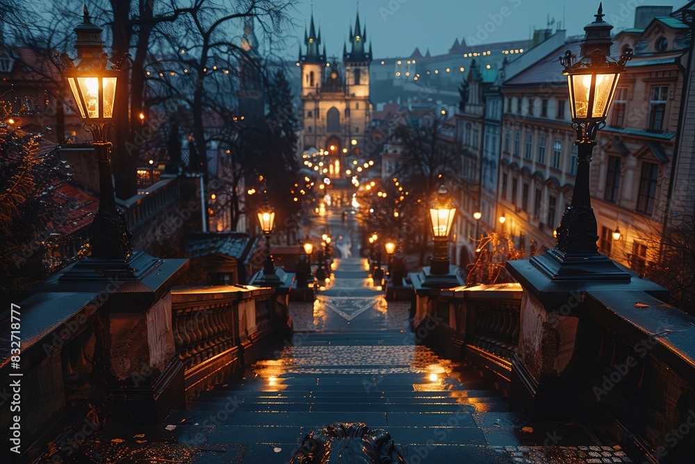 Fototapeta premium A city street at night with a bridge and a cathedral in the background