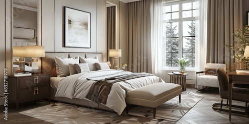 Elegant guest bedroom with a queensize bed, stylish bedding, and a writing desk © StudioPix
