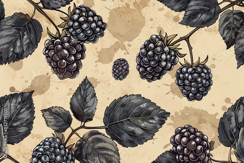 Branch with berries and leaves pattern illustration. Watercolor botanical illustration blackberries