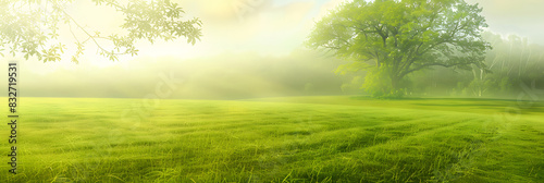 Beautiful summer natural landscape with lawn with cut fresh grass in early morning with light fog. Panoramic spring background.