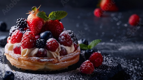 Fruity French pastry filled with creamy goodness, topped with berries, and set on a dark background. Perfect for menus or recipes. photo