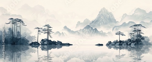 Hand drawn watercolor landscape. Norway, cold nature. Mural Wallpaper. AI generated illustration