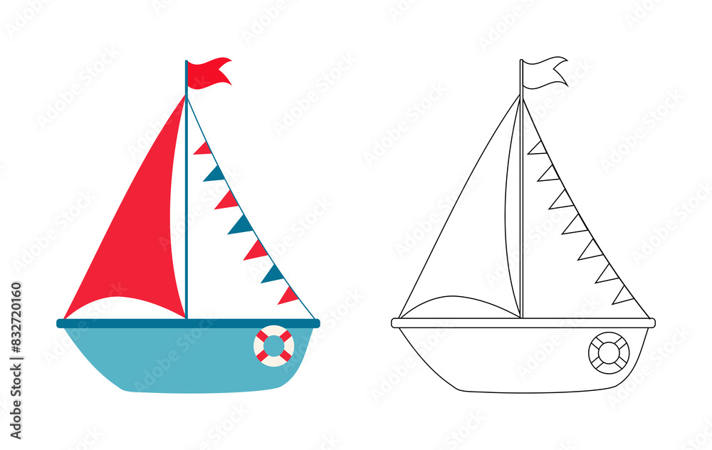 Coloring book sea sail boat contour outline flat vector illustration clip art isolated. Cute simple hand drawn design element
