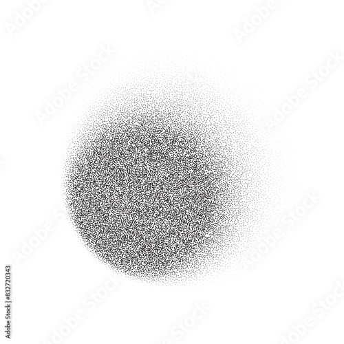 Noise round brush isolated. Grunge dotwork gradient blur circle. Black space shape of dots. Sand, grainy, chalk, diffuse, glitter effect. Texture brush. Vector halftone illustration