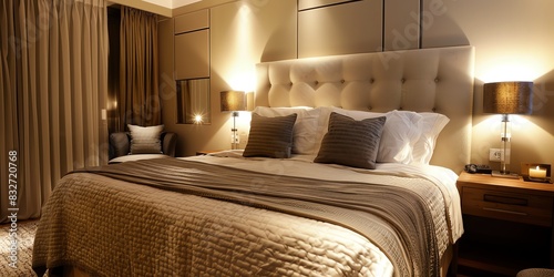 Sophisticated bedroom with a kingsize bed, stylish bedding, and soft lighting photo