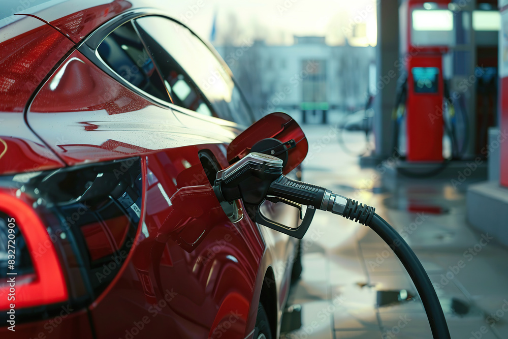 Fuel gun fueling car with petrol at gas station Fuel gun fueling car with petrol at gas station