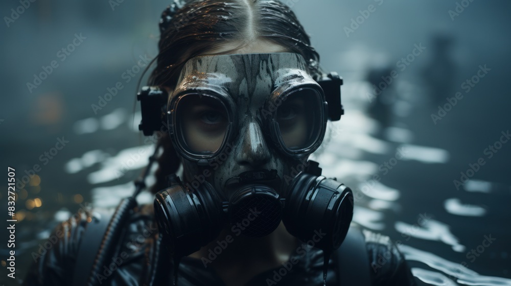 A woman wearing a gas mask and protective gear stands in the water at dusk. A woman wearing a gas mask and protective gear stands in the water at dusk.
