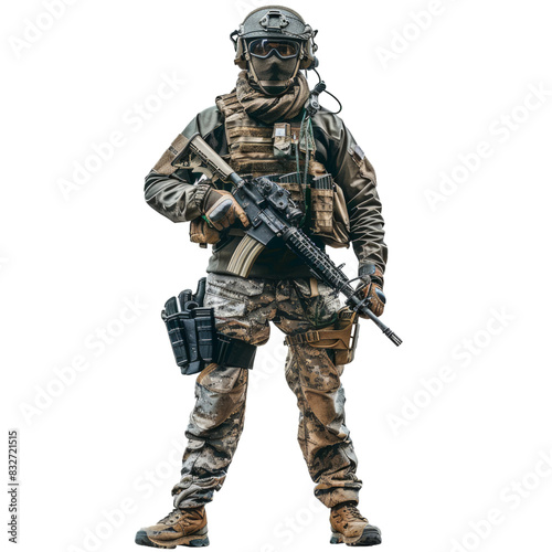 Fully equipped military soldier with a rifle, standing isolated on a transparent background