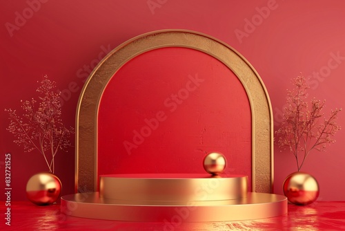 Close up of gold shelf with three balls photo