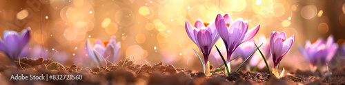 Crocus Purple spring flower growth in the snow with copy space for text. Floral wide panorama. Crocus Iridaceae photo