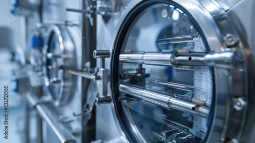 Close-up of an autoclave sterilizing laboratory instruments, ensuring aseptic conditions for experiments photo