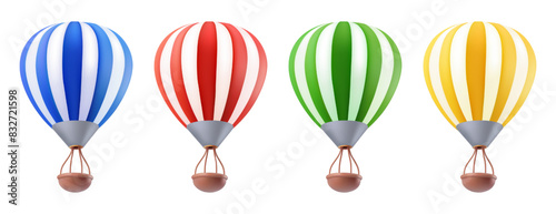 Hot air baloon striped with retro basket . Rising up airship, clay illustration isolated on white background. Aerostat for ballooning wind festival. Fly up to sky journey symbol. Travel in clouds