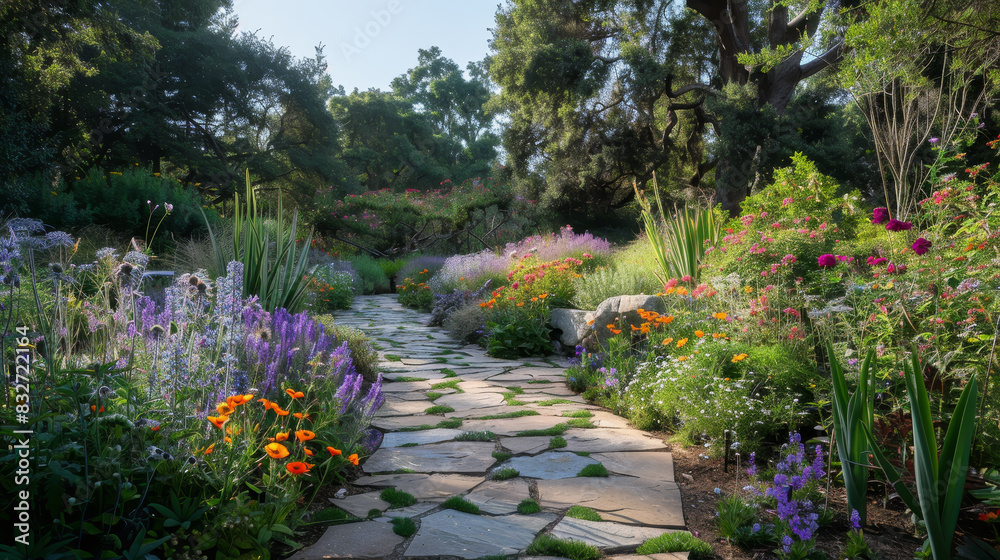 A garden path is lined with flowers and plants, including orange flowers A garden path is lined with flowers and plants, including orange flowers