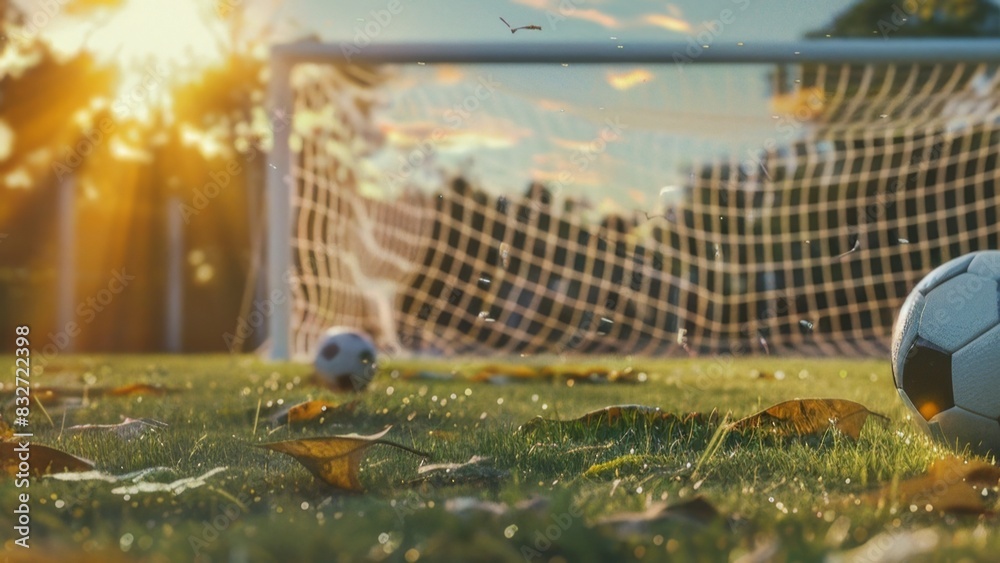 Obraz premium Two balls near the soccer gates 