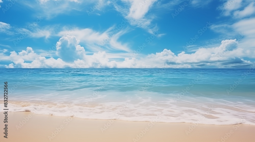 Serene Beach Landscape with Blue Sky and Gentle Waves Meeting Sandy Shore Serene Beach Landscape with Blue Sky and Gentle Waves Meeting Sandy Shore