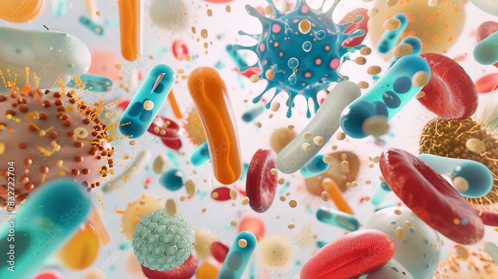 A colorful image of bacteria and viruses floating in the air A colorful image of bacteria and viruses floating in the air