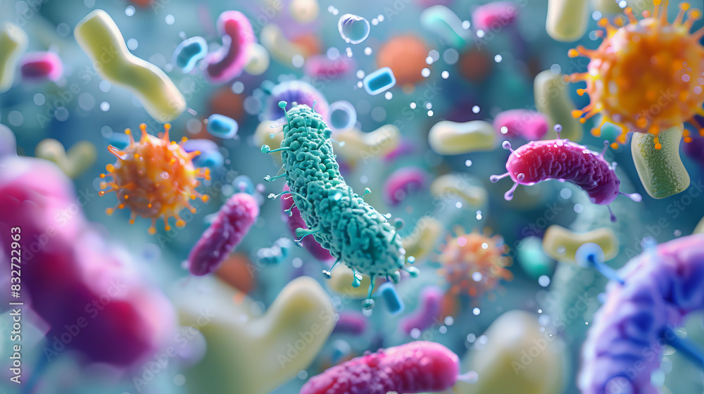 A colorful image of bacteria and viruses floating in the air A colorful image of bacteria and viruses floating in the air