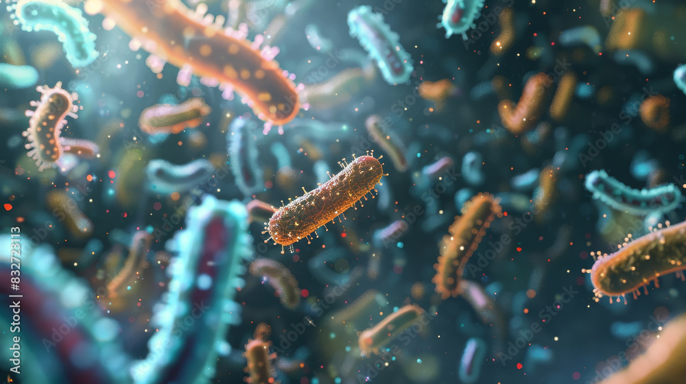 A bunch of colorful bacteria are floating in the air A bunch of colorful bacteria are floating in the air