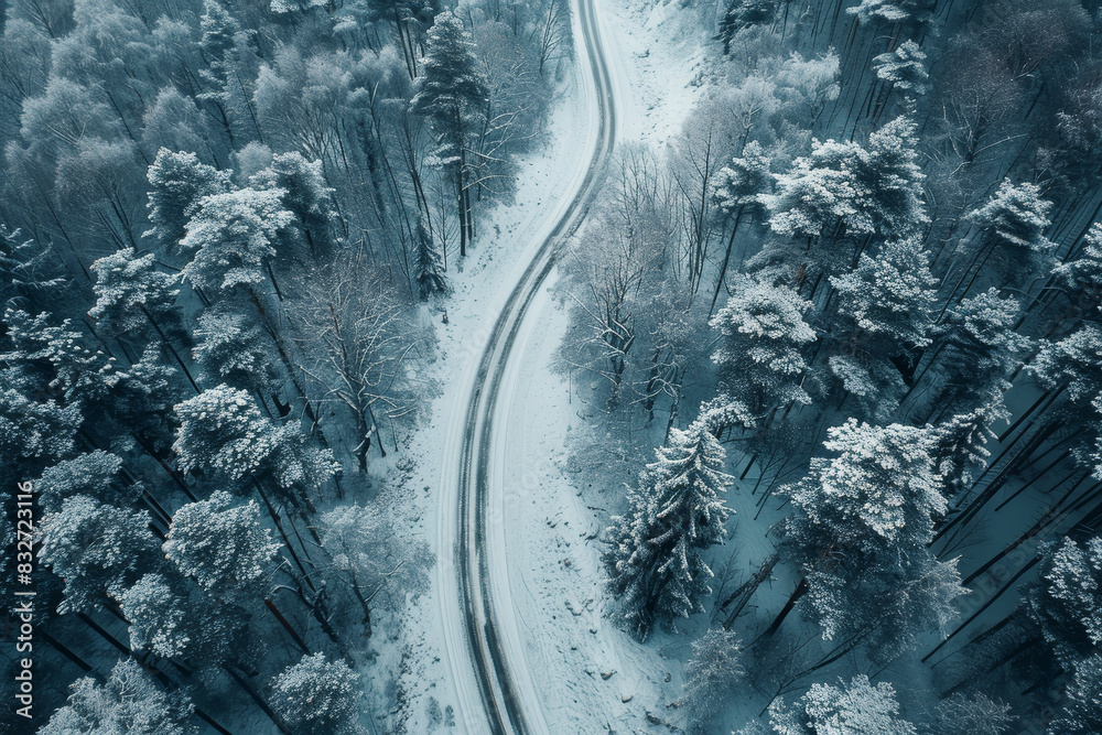 A snowy road with trees in the background