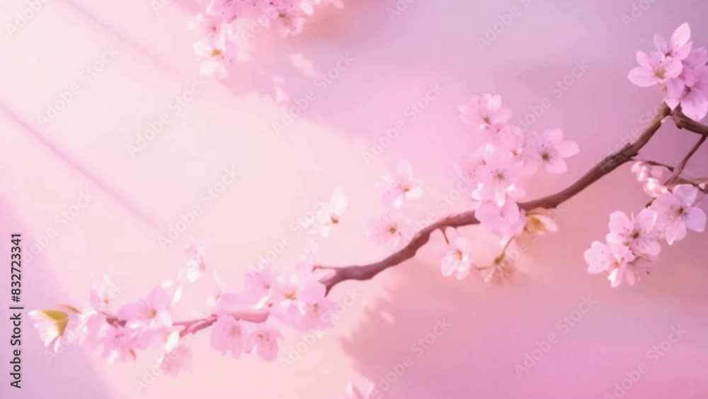 Delicate, hazy silhouettes of blossoming cherry tree branches gracefully sway across a pale pink wall Delicate, hazy silhouettes of blossoming cherry tree branches gracefully sway across a pale pink wall
