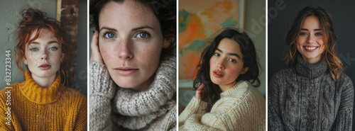 Portrait set of a young woman wearing a warm knitted winter sweater photo