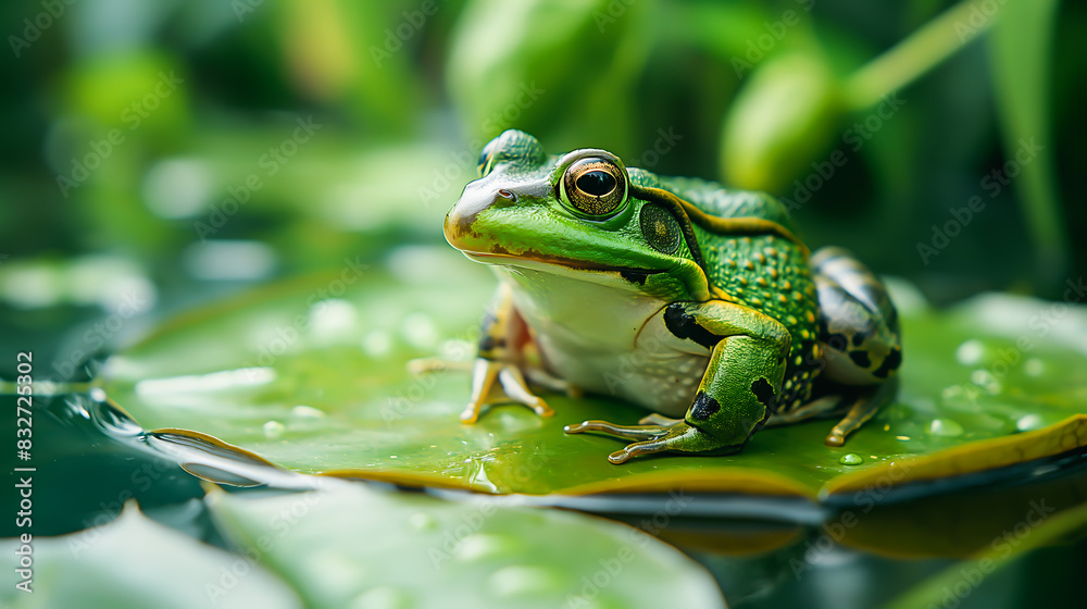 Green frog sitting on green leaf at a pond Green frog sitting on green leaf at a pond