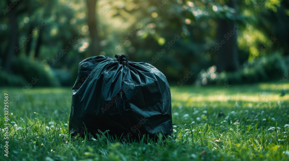 A black trash bag sits on the grass in a park A black trash bag sits on the grass in a park