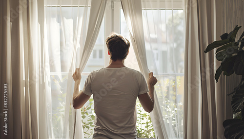 Free Download Man opening window curtains at home, back view - GFXLoad