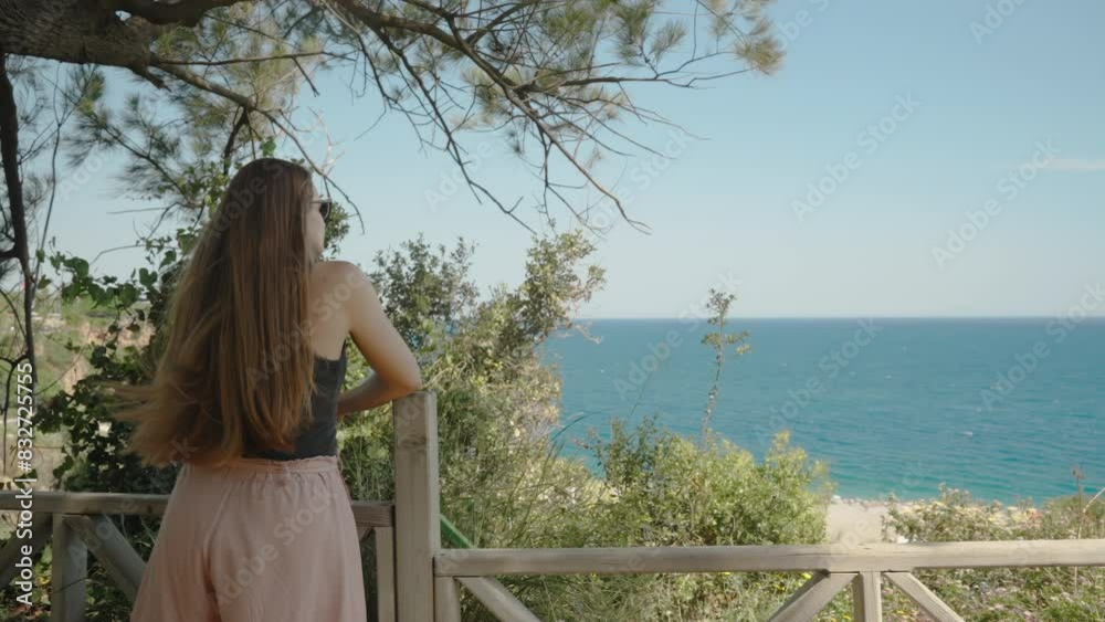 Long-Haired Brunette Admiring The Sea From A Height In Clear Weather, Wind Swaying Her Hair. View From Behind, Slow Motion. Long-Haired Brunette Admiring The Sea From A Height In Clear Weather, Wind Swaying Her Hair. View From Behind, Slow Motion.