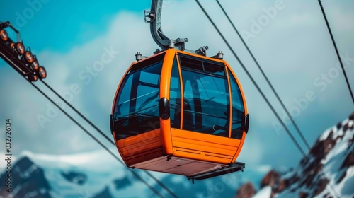 Close up of orange ski lift gondola with snow covered mountain range in the background