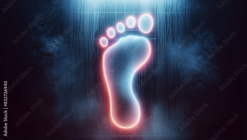 A fingerprint of a digital footprint glowing neon against a dark, smoky atmosphere