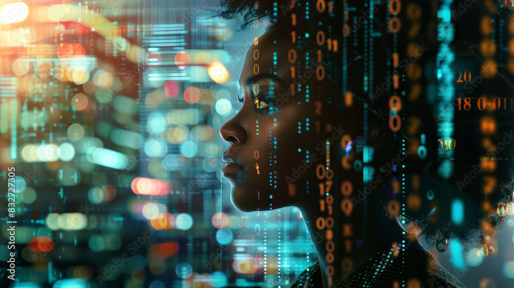 A woman's face is shown in a computer screen with a lot of numbers and lines A woman's face is shown in a computer screen with a lot of numbers and lines