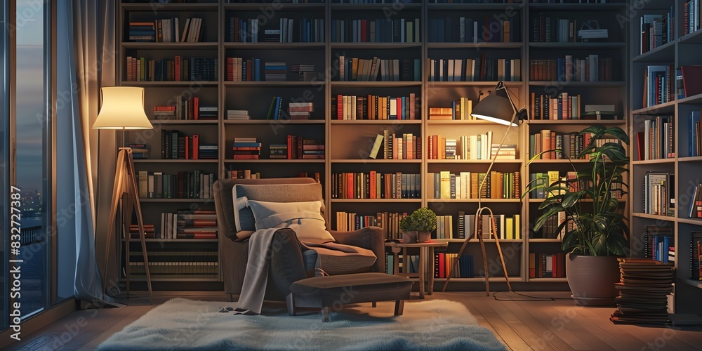 Cozy reading nook design in an apartment with a comfortable armchair, floor lamp, and shelves filled with books Cozy reading nook design in an apartment with a comfortable armchair, floor lamp, and shelves filled with books