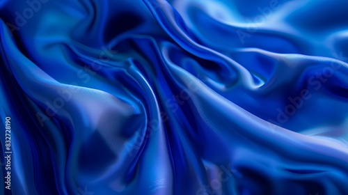 Abstract blue silk background, smooth and flowing texture. The image features an abstract digital art of a blue satin fabric with smooth curves and folds, creating a sense of movement and fluidity.