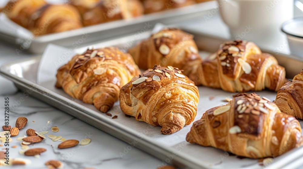 Homemade Almond Croissants on a breakfast table. The tray has golden brown and crispy croissants which are a traditional French breakfast. Homemade Almond Croissants on a breakfast table. The tray has golden brown and crispy croissants which are a traditional French breakfast.