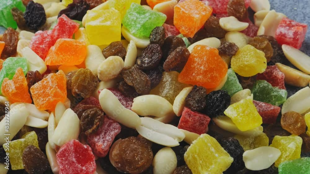 Mix of colored candied fruits and nuts scattered on a gray surface, rotating in a circle Mix of colored candied fruits and nuts scattered on a gray surface, rotating in a circle