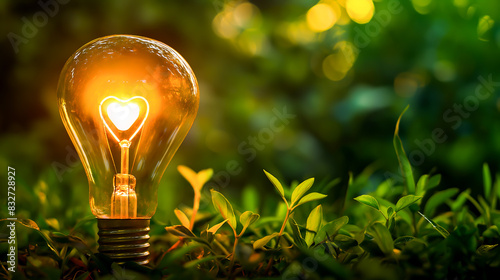 Light bulb with glowing heart shape inside on green background, concept of love and romance, Valentine's day celebration 
