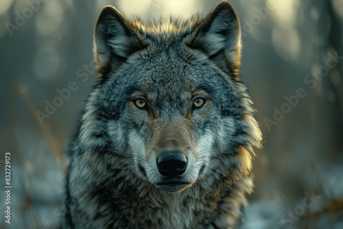 Abstract portrait of a dire wolf with sharp, angular features and a mix of dark and light tones,