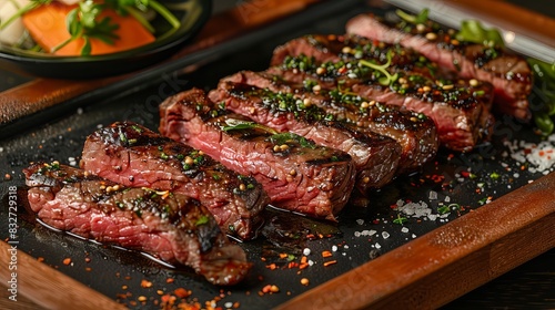Grilled steak with a tantalizing crust and a flavorful interior that melts in your mouth. photo