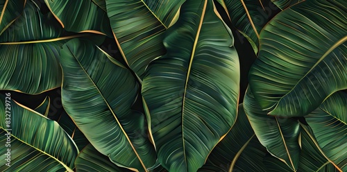 3D render of a seamless pattern with banana leaves in green and brown colors on a black background. AI generated illustration