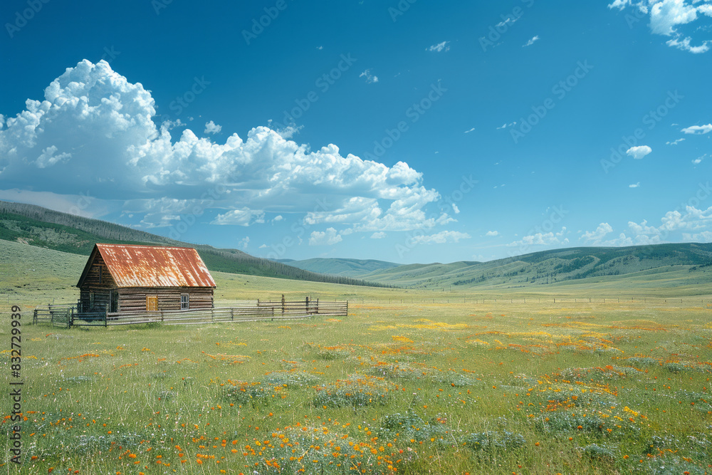 A ranch scene with a weathered windmill turning gently in the breeze under a bright blue sky, A ranch scene with a weathered windmill turning gently in the breeze under a bright blue sky,