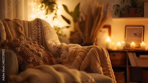 A cozy living room with a couch, a chair, and a blanket