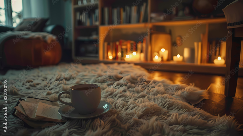 A cozy living room with a white chair and a white rug A cozy living room with a white chair and a white rug