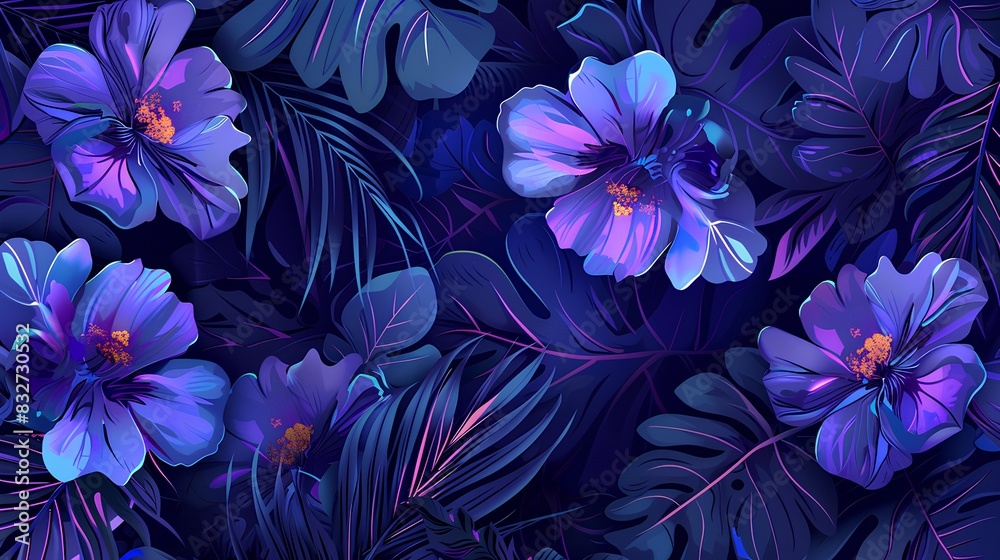 A seamless pattern of dark blue hibiscus flowers and leaves, glowing with neon purple light, creating an otherworldly atmosphere. A seamless pattern of dark blue hibiscus flowers and leaves, glowing with neon purple light, creating an otherworldly atmosphere.