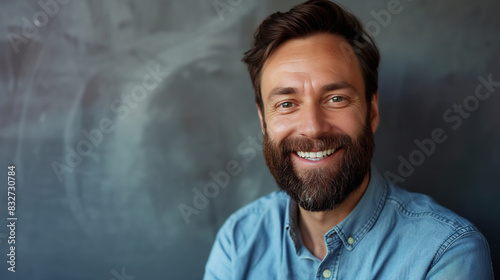 Um homem com barba e camisa azul está sorrindo para a câmera